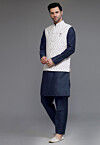 Block Printed Art Silk Kurta Set in Navy Blue and Off White