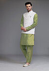 Block Printed Art Silk Kurta Set in Olive Green and Off White