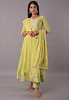 Block Printed Chiffon Anarkali Suit in in Pastel Yellow