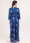 Block Printed Rayon Cotton Dress in Indigo Blue : TQM125