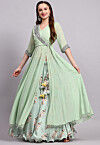 Block Printed Satin Georgette Lehenga in Sea Green