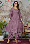 Block Printed Viscose Silk A Line Kurta Set in Purple