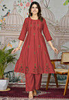 Block Printed Viscose Silk A Line Kurta Set in Red