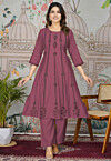 Block Printed Viscose Silk A Line Kurta Set in Wine