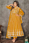 Chikankari Net Anarkali Suit in Mustard