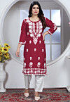 Chikankari Rayon Straight Kurta Set in Maroon