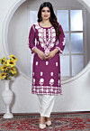 Chikankari Rayon Straight Kurta Set in Purple