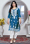 Chikankari Rayon Straight Kurta Set in Teal Blue