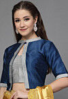 Color Block Art Silk Blouse in Teal Blue and Grey