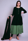 Color Blocked Cotton Silk Anarkali Suit in Dark Green