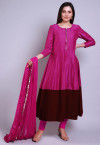 Color Blocked Cotton Silk Anarkali Suit in Fuchsia and Maroon