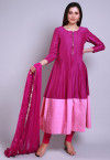 Color Blocked Cotton Silk Anarkali Suit in Magenta