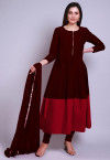 Color Blocked Cotton Silk Anarkali Suit in Maroon