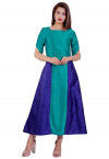 Color Blocked Dupion Silk A Line Kurta in Green and Royal Blue
