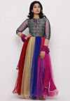 Color Blocked Net Abaya Style Suit in Multicolor