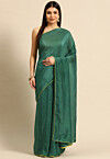 Contrast Border Chinon Chiffon Saree in Dark Green