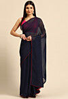 Contrast Border Chinon Chiffon Saree in Navy Blue