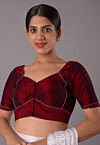 Contrast Trim Art Silk Blouse in Maroon