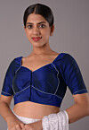 Contrast Trim Art Silk Blouse in Navy Blue