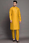 Contrast Trim Art Silk Kurta Set in Mustard