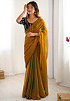 Contrast Trim Chiffon Scalloped Saree in Mustard