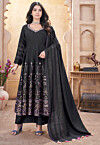 Digital Printed Art Silk Anarkali Suit in Black