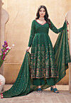 Digital Printed Art Silk Anarkali Suit in Dark Green