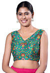 Digital Printed Art Silk Blouse in Teal Blue