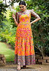 Digital Printed Art Silk Gown in Orange