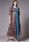 Digital Printed Art Silk Jacket Style Dress in Blue and Maroon