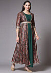 Digital Printed Art Silk Jacket Style Dress in Dark Green and Maroon
