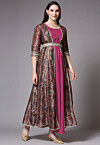 Digital Printed Art Silk Jacket Style Dress in Magenta and Maroon