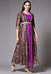 Digital Printed Art Silk Jacket Style Dress in Purple and Maroon
