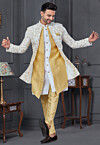 Digital Printed Art Silk Jacket Style Sherwani in Beige