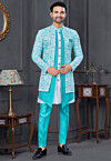 Digital Printed Art Silk Jacket Style Sherwani in Blue