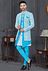 Digital Printed Art Silk Jacket Style Sherwani in Light Blue
