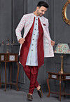 Digital Printed Art Silk Sherwani in Off White and Maroon