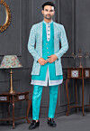 Digital Printed Art Silk Jacket Style Sherwani in Turquoise 