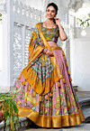 Digital Printed Art Silk Lehenga in Pink