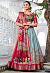 Digital Printed Art Silk Lehenga in Dusty Green