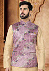 Digital Printed Art Silk Jacquard Nehru Jacket in Purple