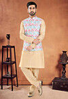 Digital Printed Art Silk Kurta Set in Beige