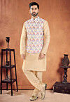 Digital Printed Art Silk Kurta Set in Beige