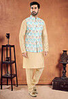 Digital Printed Art Silk Kurta Set in Beige