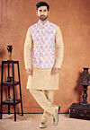 Digital Printed Art Silk Kurta Set in Beige