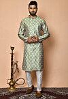 Digital Printed Art Silk Kurta Set in Dusty Green and Off White