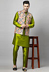 Digital Printed  Art Silk Kurta Set in Green and Multicolor
