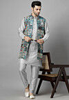 Digital Printed Art Silk Kurta Set in Grey
