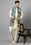 Digital Printed Art Silk Kurta Set in Light Beige and Multicolor