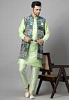 Digital Printed Art Silk Kurta Set in Light Green